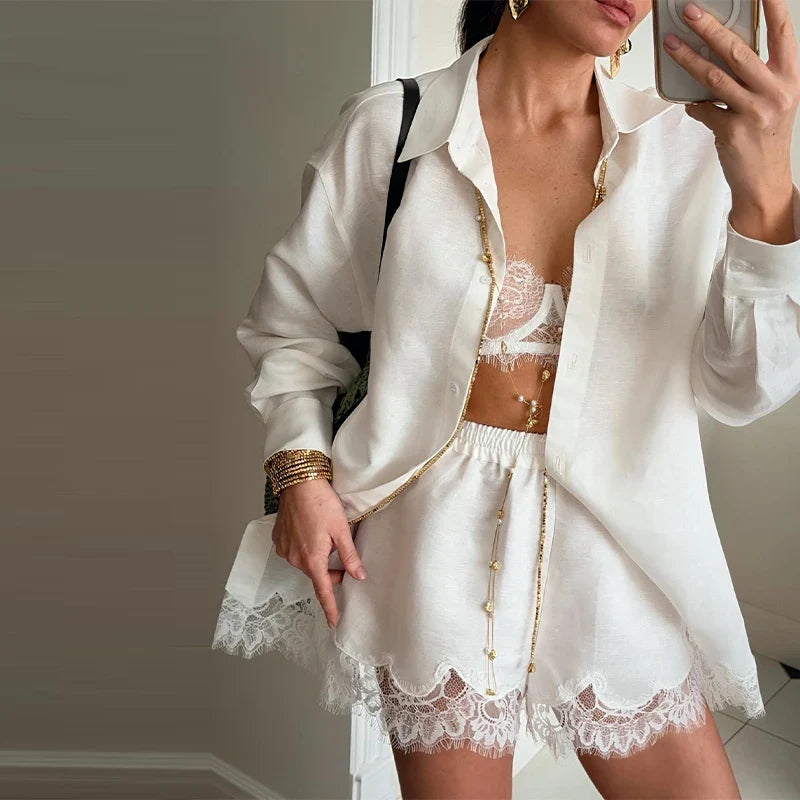 Beach Shirts Shorts Outfits Women Lapel Single Breasted Long Sleeves Lace Patchwork Sets Female 2026 Spring Summer Holiday Sets