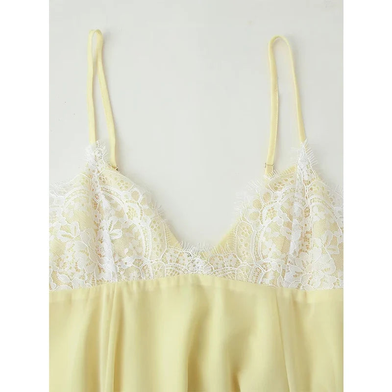 YENKYE New 2026 Sexy Spaghetti Straps Lace Trim Yellow Short Dresses Women V Neck A-line Beach Holiday Summer Vestidos