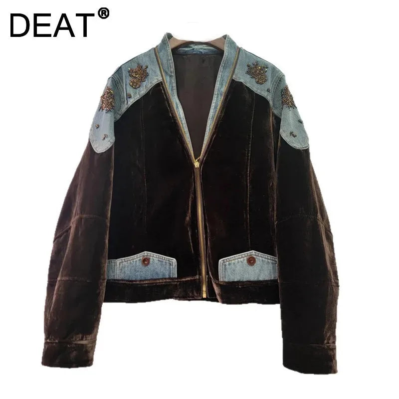 DEAT Women's Coat Patchwork Zipper Denim Velvet Beading Long Sleeve Loose Vintage Jackets 2026 Autumn New Fashion 29A3480
