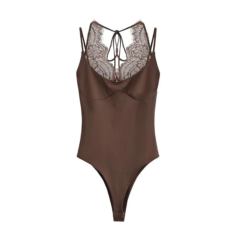 YENKYE Lace Patchwork Sexy Bodysuit Women O Neck Thin Straps Summer Tops