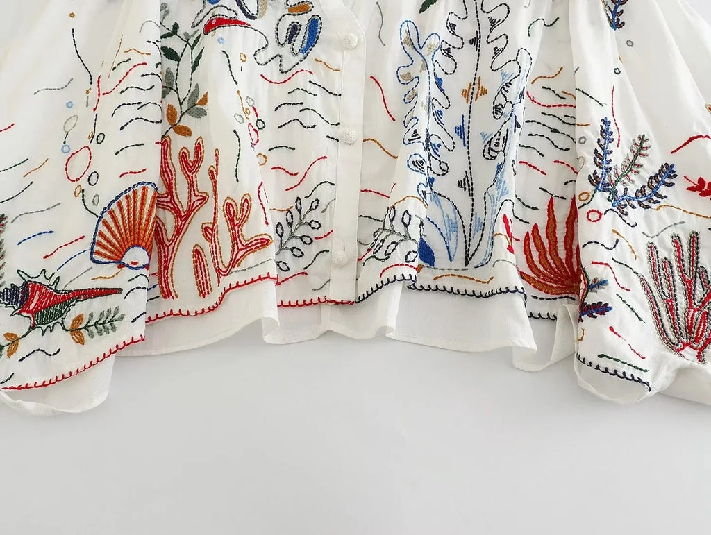 Foridol Marine Organism Embroidery Batwing Sleeve Summer Spring Maxi Skirt Set Cotton White Tassle Dress Set Outfits Button Suit