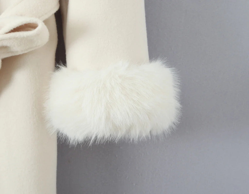 New Autumn Winter Black Shaggy Faux Fur Lapel Collar Woolen Coat Women Bow Sashes Long Sleeve No Button Midi Trench Outerwear