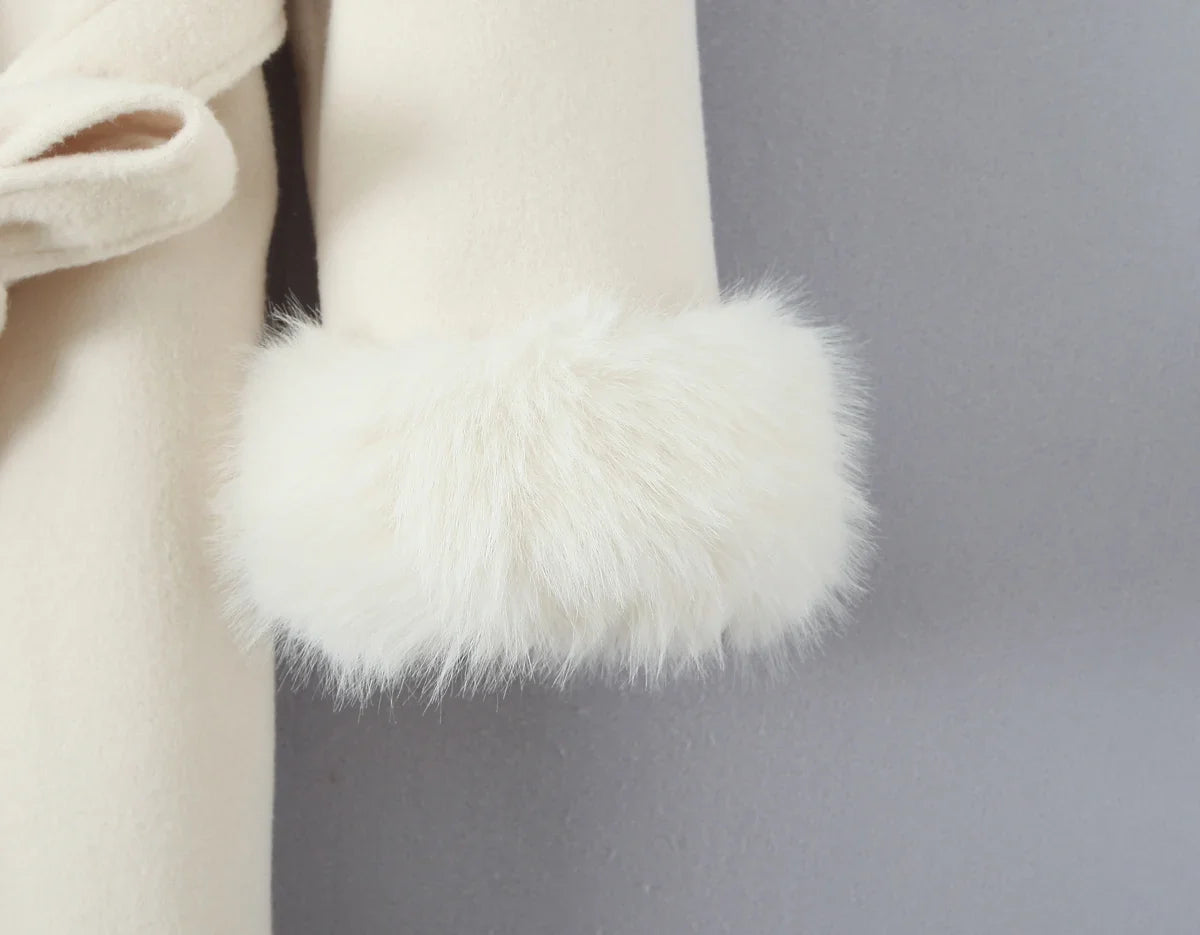 New Autumn Winter Black Shaggy Faux Fur Lapel Collar Woolen Coat Women Bow Sashes Long Sleeve No Button Midi Trench Outerwear