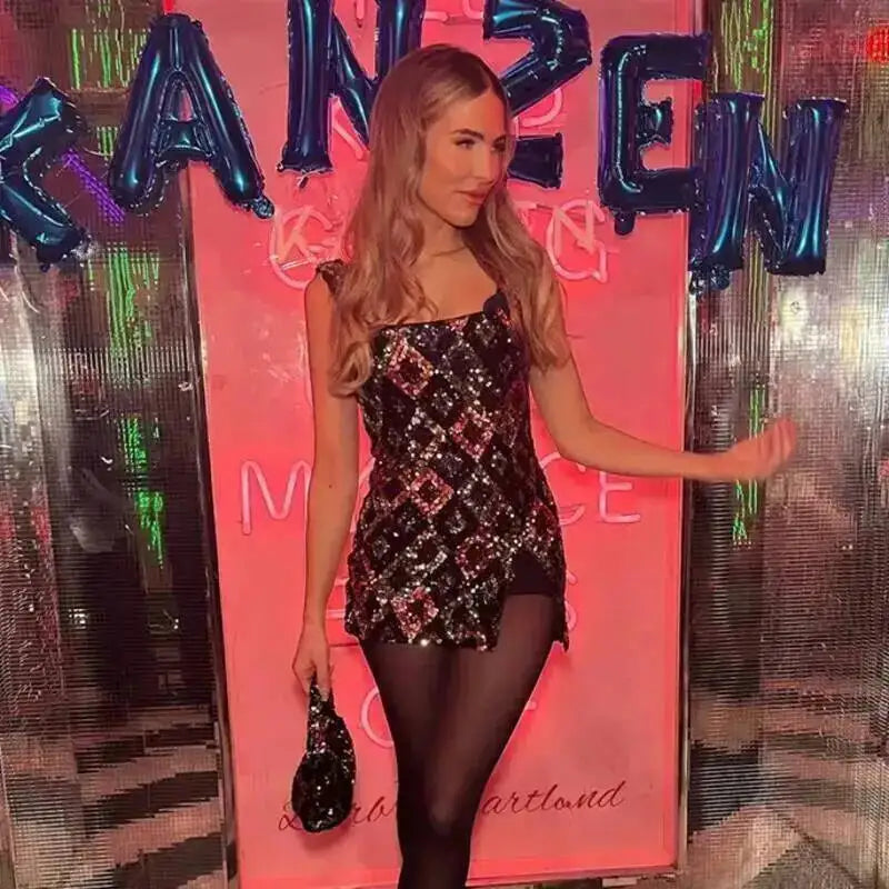 Avrilyaan Colorful Diamond Pattern Sequin Slit Sexy Dress Women 2025 Elegant Party Dress Backless Mini Summer Dress Vestidos