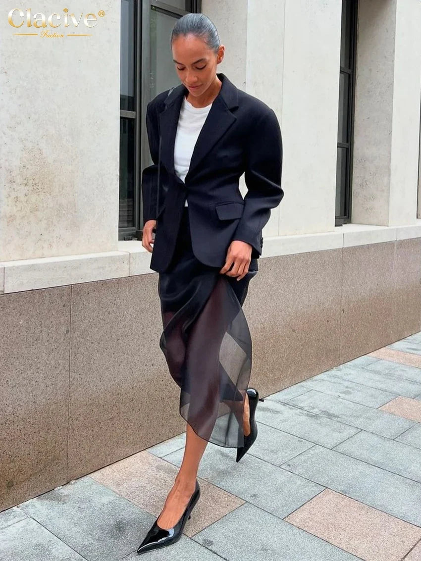 Clacive Fashion Loose Balck Women Skirt Casual High Waist Ankle Length Skirts Elegant Classic Mesh Spliced Skirt Female Clothing