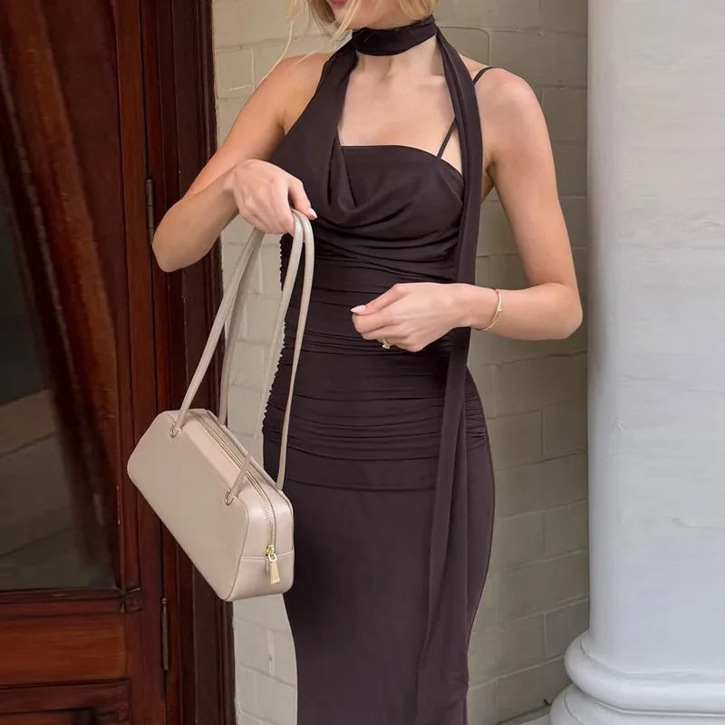Cryptographic Elegant Neck Scarf Ruched Sexy Backless Maxi Dress Party Club Outfits for Women Slip Maxi Dresses Gown Vestido