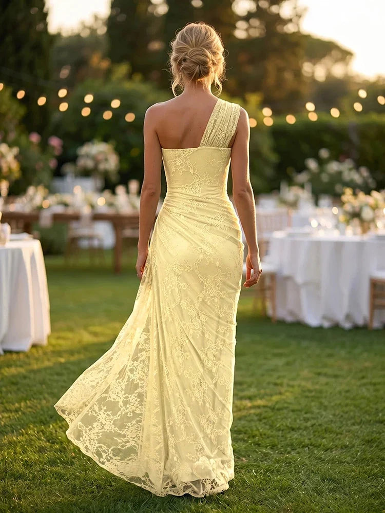 VC 2026 Yellow One Shoulder Corset Lace Maxi Dress For Women Side Ruched High Slit Wedding Guest Bridesmaid Formal Dress