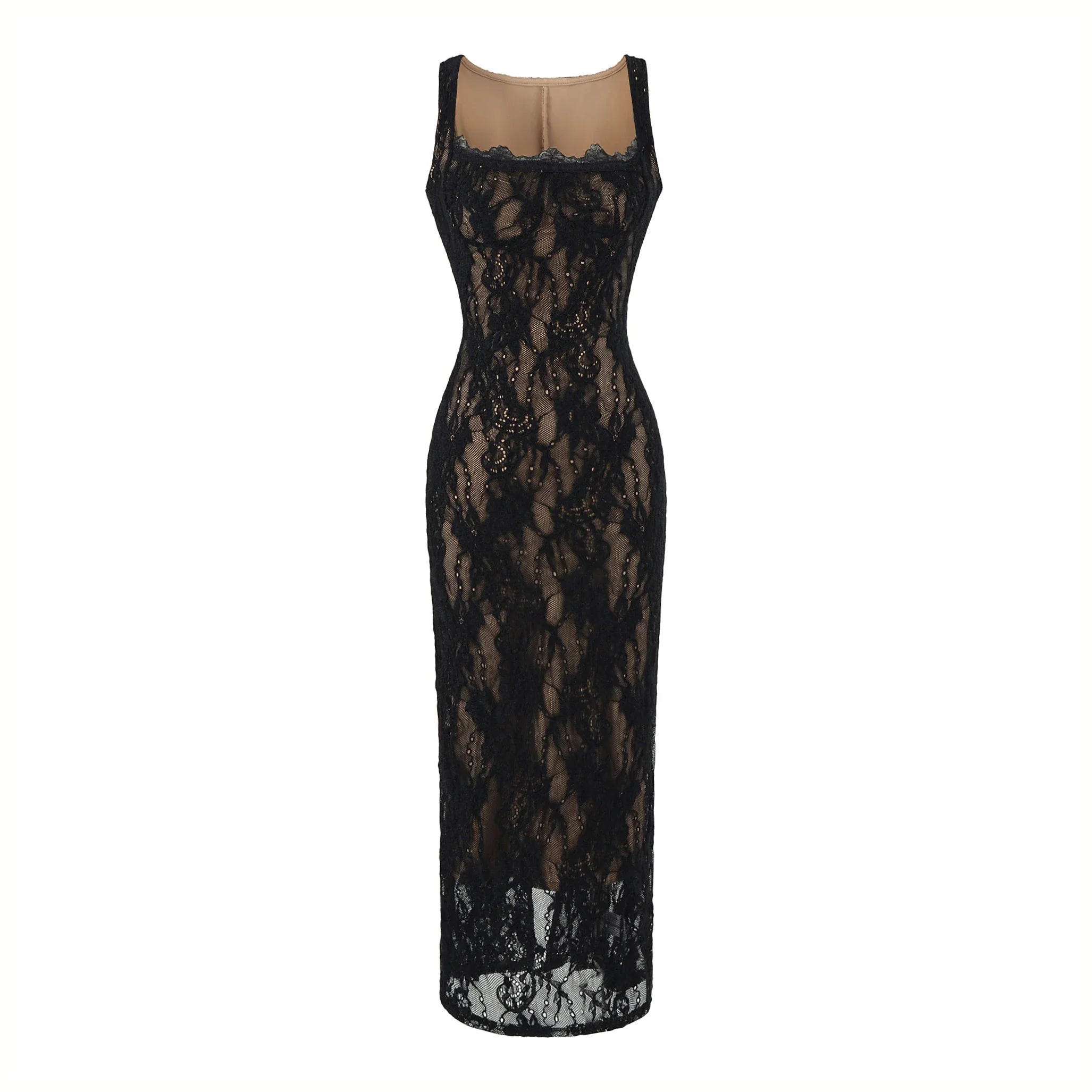 Women Sexy See Through Lace With Lining Sleeveless Dress Square Collar Bra Chest Package Hips Back Slit Long Dresses Robe