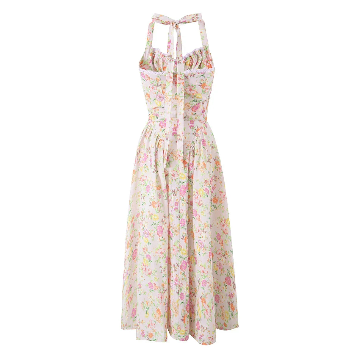 2024 Sexy Pink Corset Style Bow Halter Dress Spliced Lace Drawstring Rope Chest Pleated Slim Low Waist A-lined Swing Midi Robe