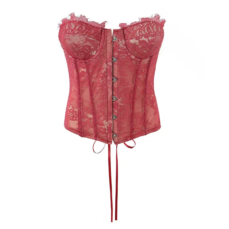 YENKYE 2026 New Women's Burgundy Lace Strapless Corset Top Lacing Up Bandage Back Sexy Crop Top For Club Party