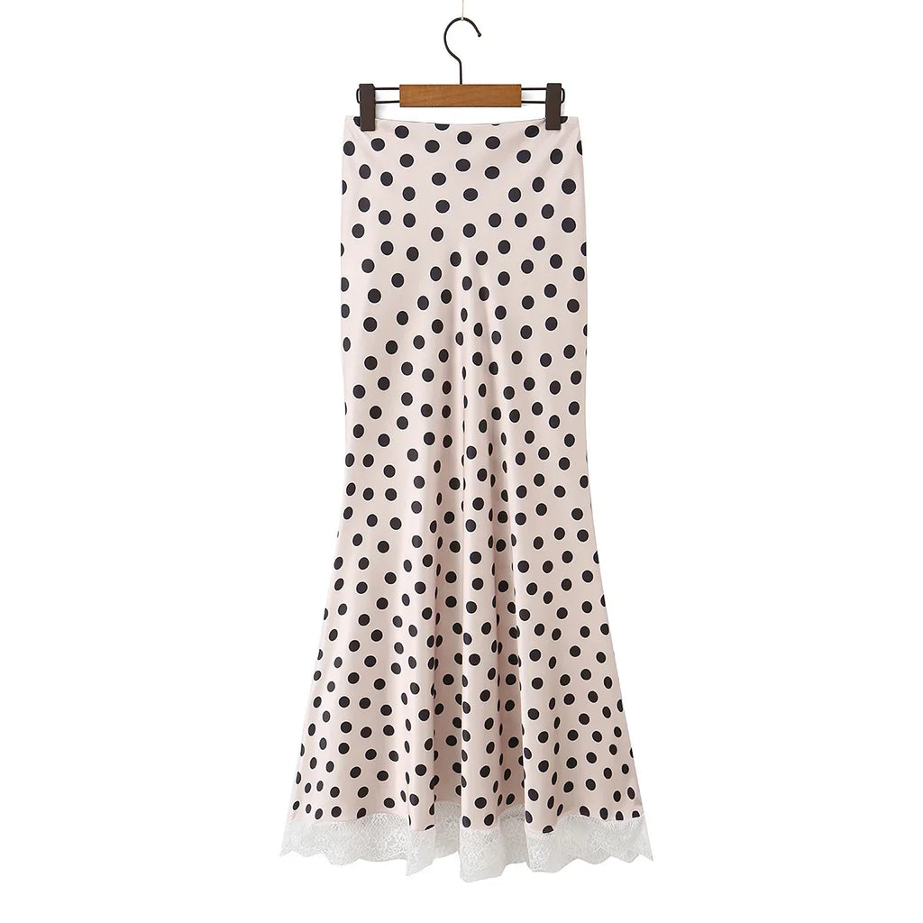 2026 New Women's Polka Dot 2 Piece Outfit V Neck With Scarf Blouse + High Waist Lace Trim Mermaid Maxi Skirt Elegant Vintage Set