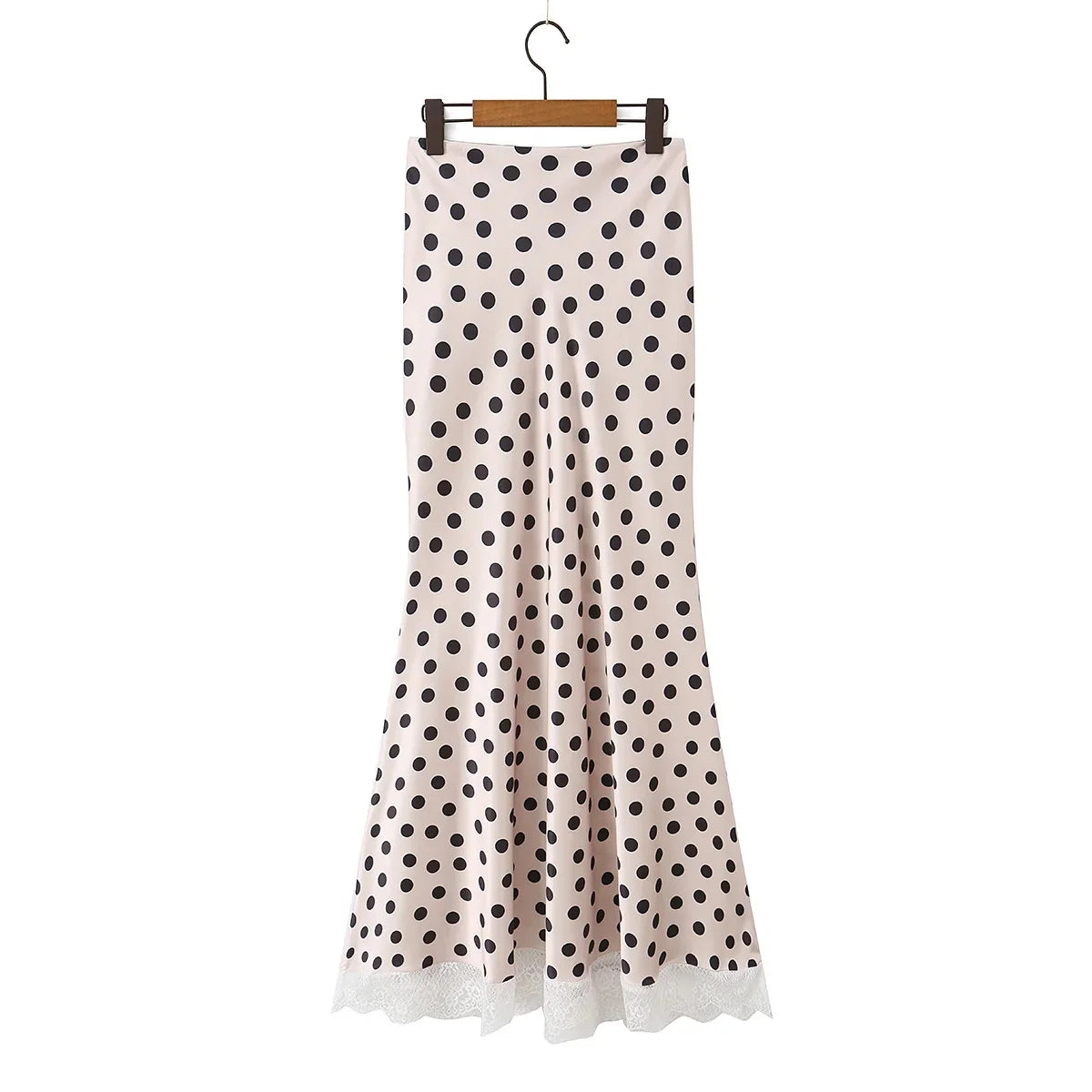 2026 New Women's Polka Dot 2 Piece Outfit V Neck With Scarf Blouse + High Waist Lace Trim Mermaid Maxi Skirt Elegant Vintage Set