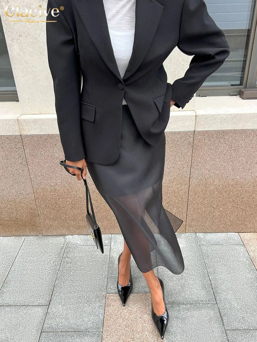 Clacive Fashion Loose Balck Women Skirt Casual High Waist Ankle Length Skirts Elegant Classic Mesh Spliced Skirt Female Clothing