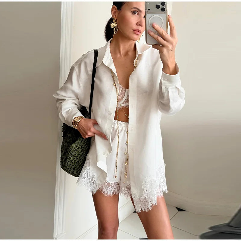 Beach Shirts Shorts Outfits Women Lapel Single Breasted Long Sleeves Lace Patchwork Sets Female 2026 Spring Summer Holiday Sets