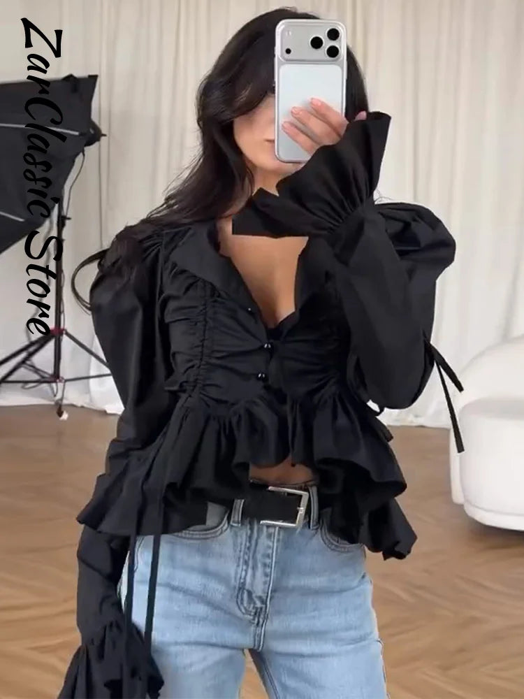 Fashion Street Ruffle Women's Blouse Solid Single Breasted Full Sleeve Pleated Cropped Shirt Lady New Casual Spring Clothing