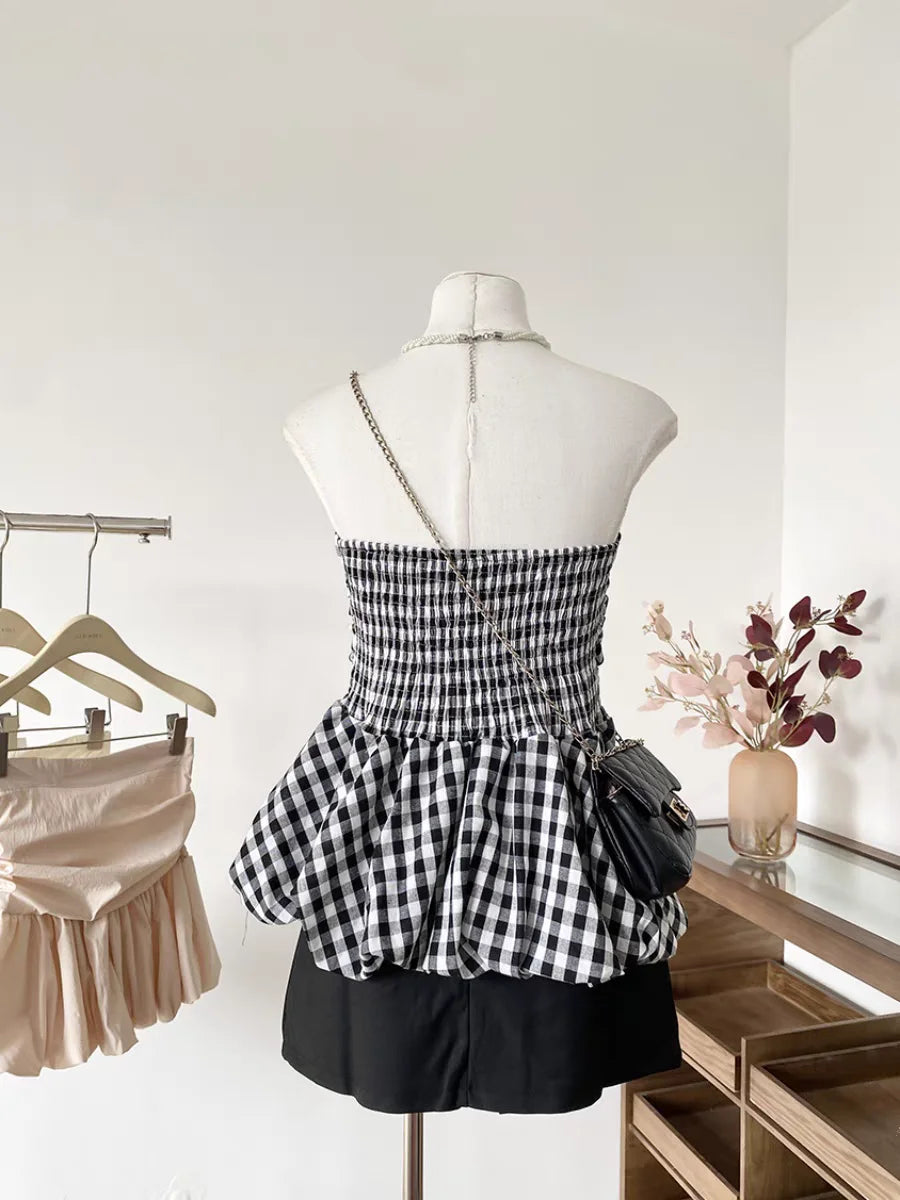 Ruffle Peplum Tube Cami Top: Waist-Cinching Sleeveless Crop Top Korean Style Chic Summer 2025 Bandeau For Petite Girl