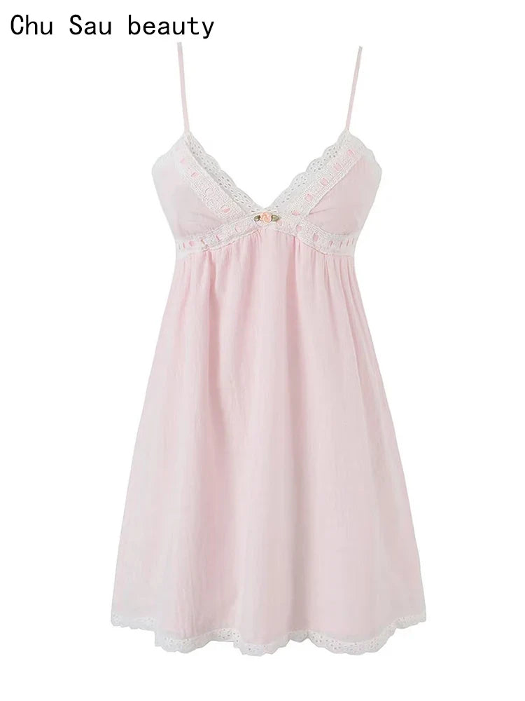 Chu Sau beauty 2023 Women New Summer Fashion Sweet Flower Chic Straped Mini Dress Sexy Slim Hollow Out Lace Super Short Dresses