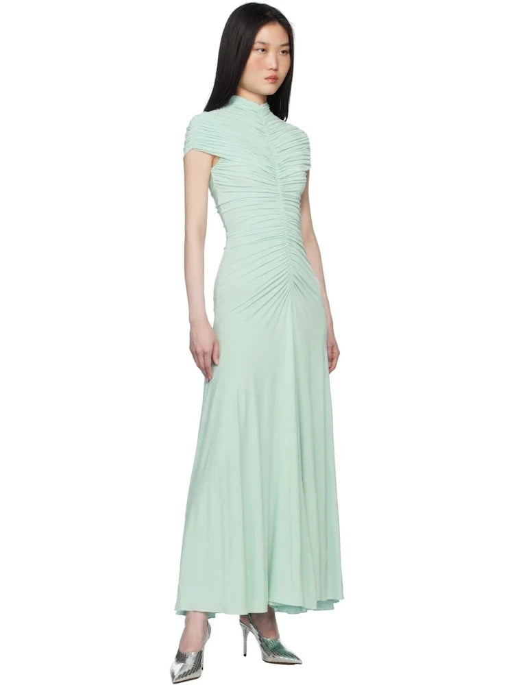New Sexy O Neck Folds A-line Long Dress Women Short Sleeves Ruched Draped Dresses Elegant Evening Party Gowns