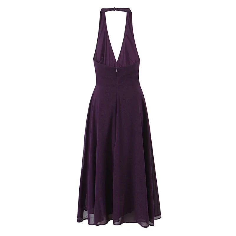 YENKYE Sexy Backless Elegant Purple Midi Long Halter Dress Women A-line Slim Casual Party Dresses Chic Lady Vacation Robe