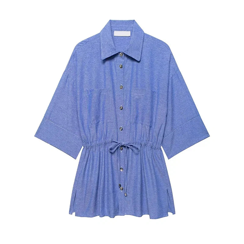 YENKYE New 2026 Women Blue Safari Shirt Front Patch Pockets Adjustable Waist With Tie Casual Long Shirts
