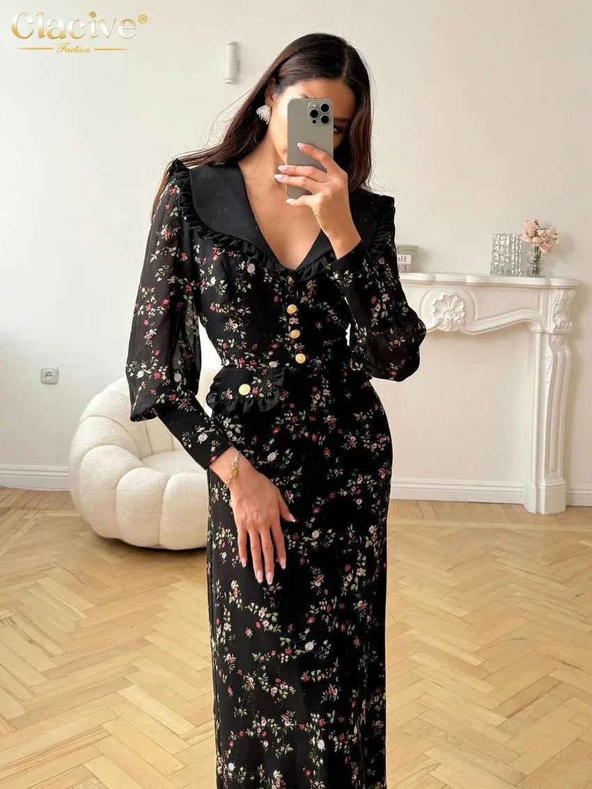 Clacive Fashion Slim Print Women's Dress 2025 Vintage Lapel Long Sleeve Ankle Length Dresses Elegant Classic Patchwork Female Dr