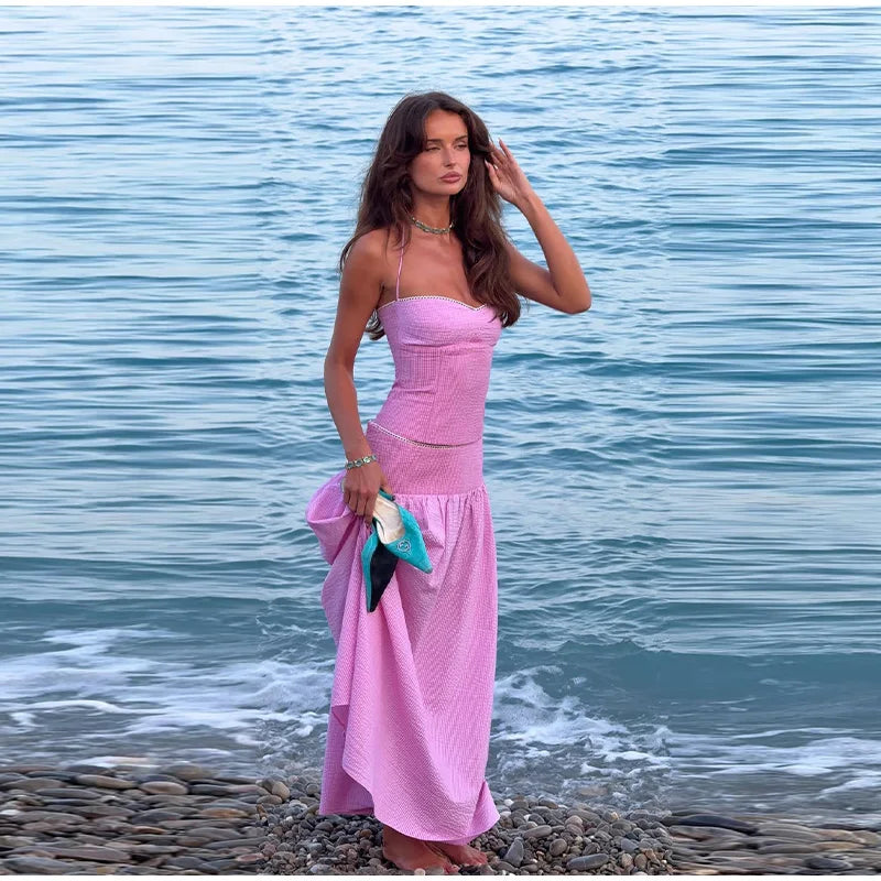 Sexy Sequins Cropped Top Long Skirt Sets Women Sleeveless Backless Lace Up Tank Slim Skirts 2026 Summer Beach Vacation Outfits