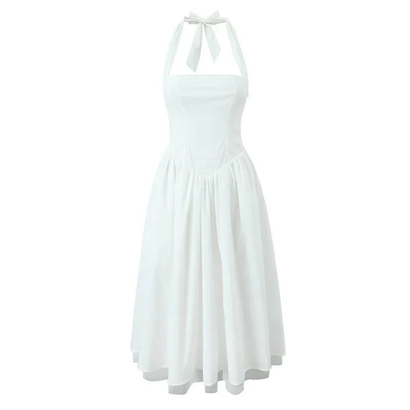 YENKYE Sexy Backless Mesh Patchwork Halter Dress For Women Lace Up Back White Black Elegant Party Dresses A-line Midi Long Robe