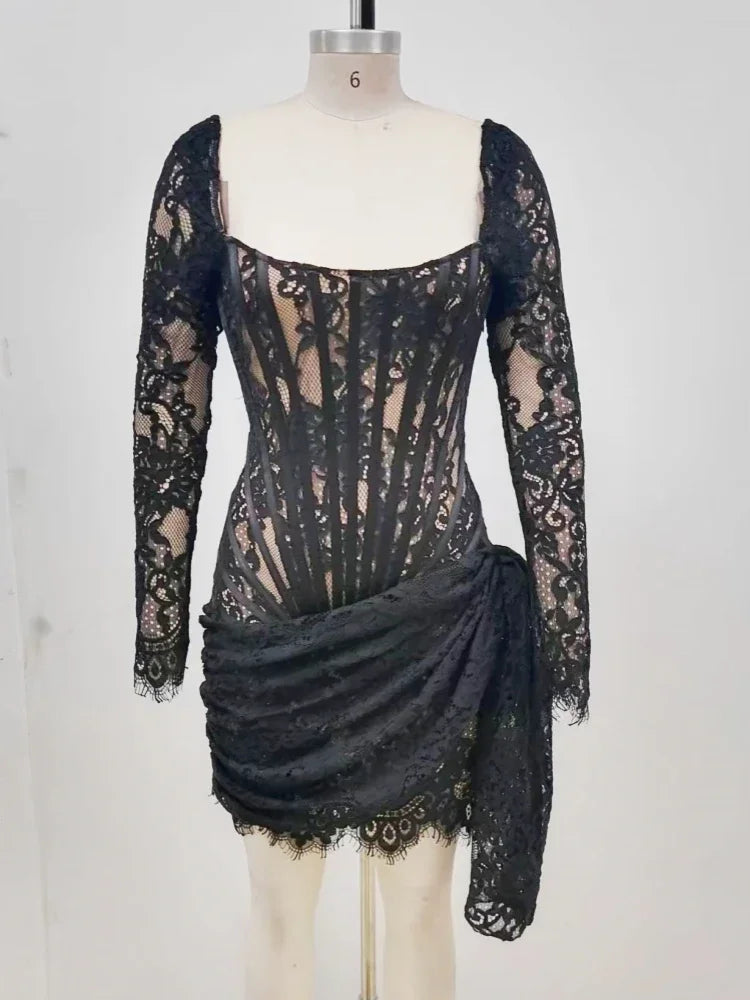 Sexy Long Sleeve Lace Corset Draped Mini Dress Women Black Square Collar Backless Ruched Bodycon Celebrity Party Runway Dress