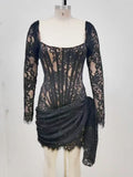 Sexy Long Sleeve Lace Corset Draped Mini Dress Women Black Square Collar Backless Ruched Bodycon Celebrity Party Runway Dress