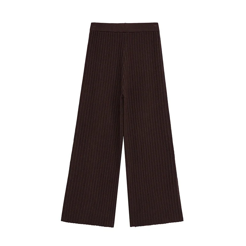 YENKYE New 2025 Women Vintage Elastic High Waist Hollow Out Knit Wide Leg Pants Female Brown Loose Casual Trousers pantalones