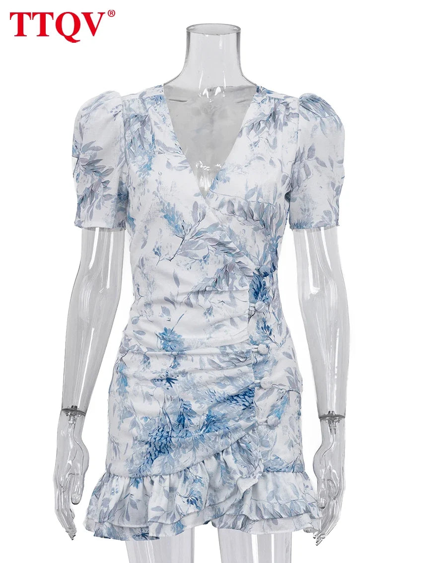 TTQV Sexy Slim Print Women's Dress 2026 Summer V-Neck Short Sleeve Mini Dresses Elegant Classic Ruffles Female Dress Streetwear