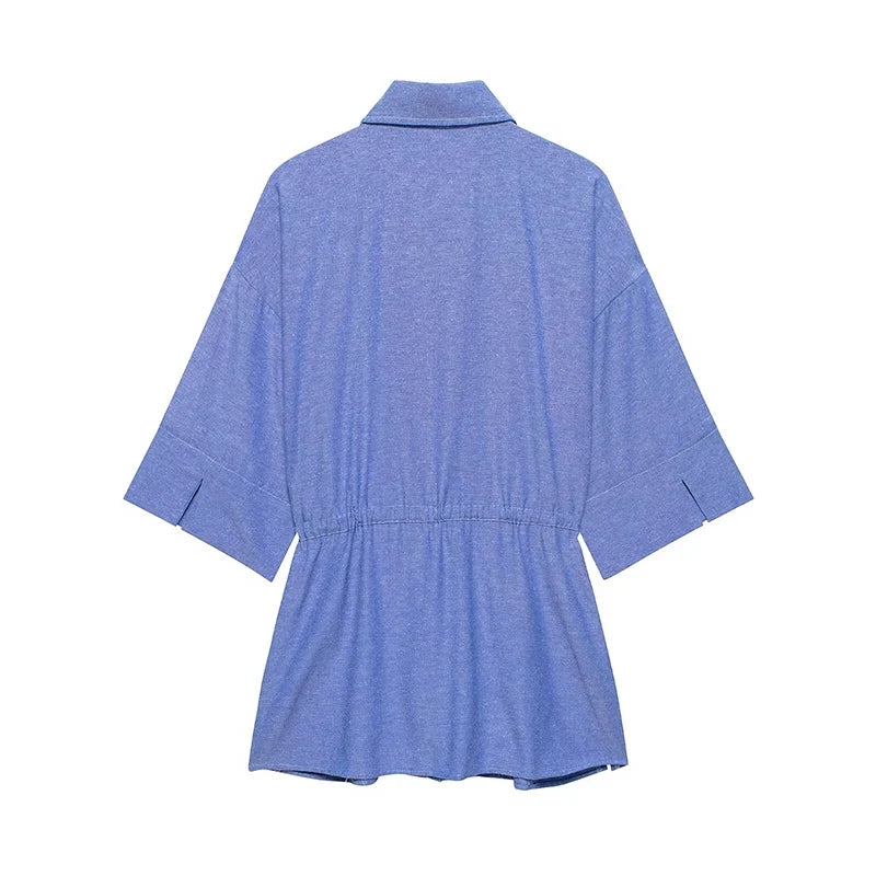 YENKYE New 2026 Women Blue Safari Shirt Front Patch Pockets Adjustable Waist With Tie Casual Long Shirts