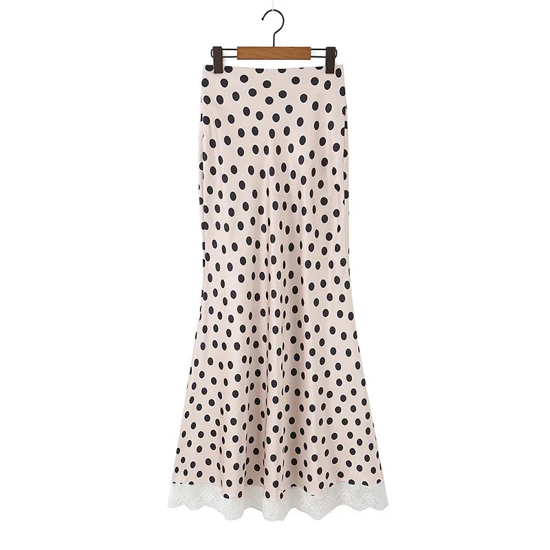 2026 New Women's Polka Dot 2 Piece Outfit V Neck With Scarf Blouse + High Waist Lace Trim Mermaid Maxi Skirt Elegant Vintage Set