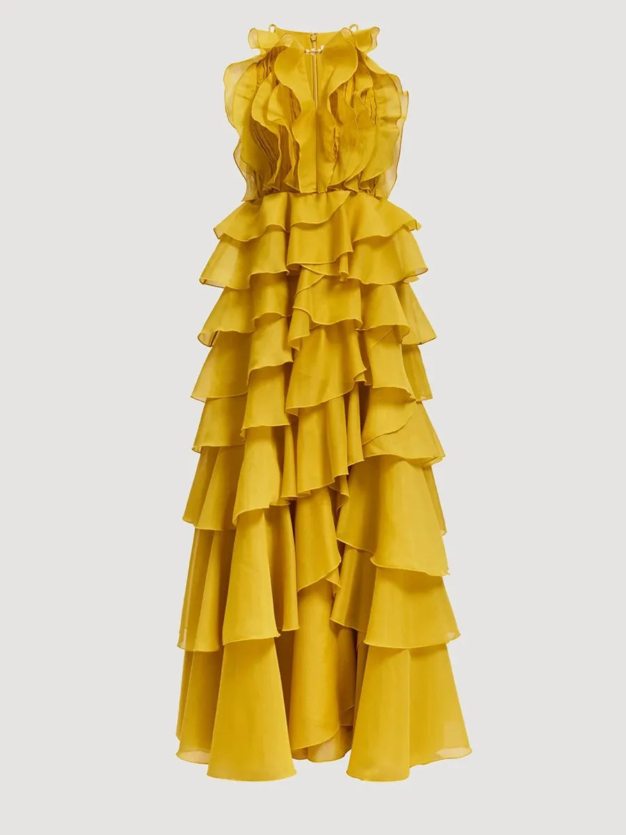 TWOTWINSTYLE Fashion Spliced Ruffles Elegant Long Dresses for Women O Neck Sleeveless High Waist Patchwork Fungus Dress Female