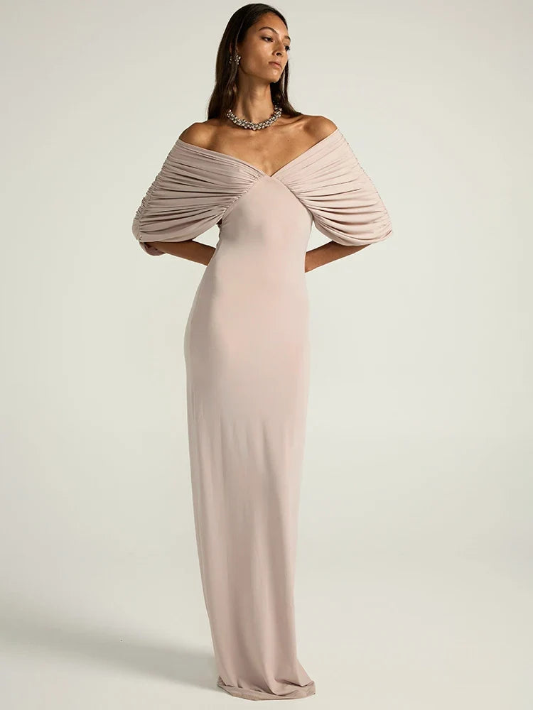 Mozision Women Off-shoulder Ruched Sexy Maxi Dress Elegant Deep V Neck Draped Sleeve Bodycon Club Party Long Dresses Female