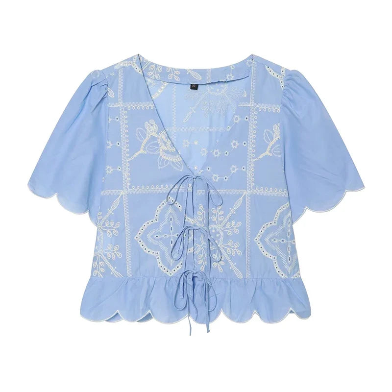 YENKYE 2026 Women Blue Hollow Out Embroidered Crop Shirt V-Neck Tie Front Short Sleeve Blouse Casual Summer Boho Tops