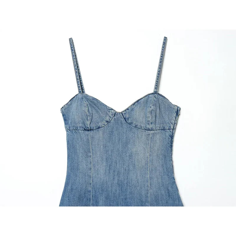 YENKYE 2026 New Women's Light Blue Denim Mini Dress Spaghetti Strap A Line Sundress Sexy Casual Vestidos