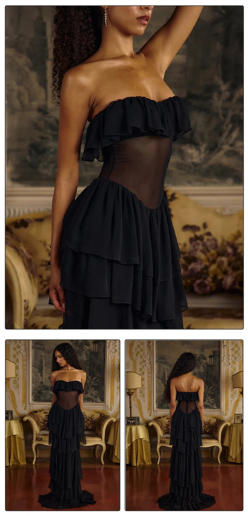 VC Sets For Women 2 Pieces Elegant And Pretty Lace-Up Corset And Slash Neck Long Cake Dress Set Chiffon Female Clothing