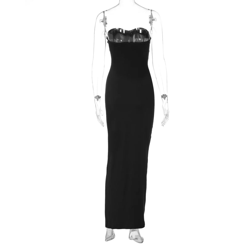 Cryptographic Fashion Ruched Sexy Strapless Dress for Women Solid Elegant Gown Club Party Slinky Maxi Dresses Backless Clothes