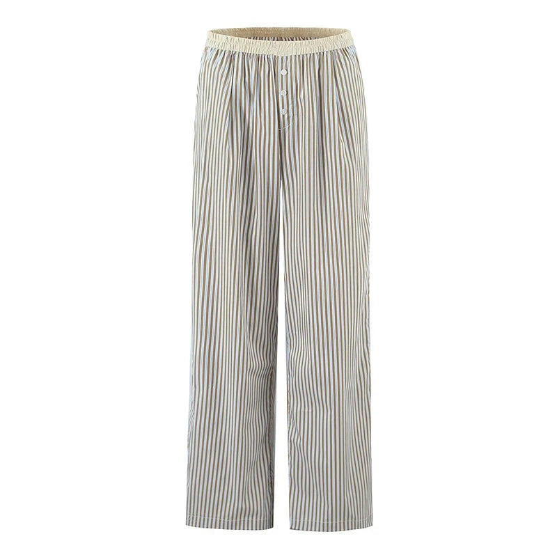 YENKYE Europe And America Striped Wide Leg Pants Women Vintage Elastic High Waist Casual Summer Trousers Female pantalones