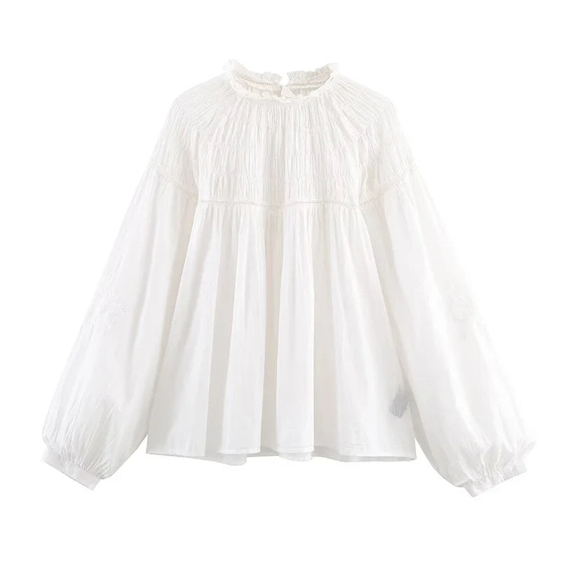 YENKYE Romantic Honeycomb Smocked White Blouse Women Lantern Sleeve Round Neck Casual Spring 2026 Tops
