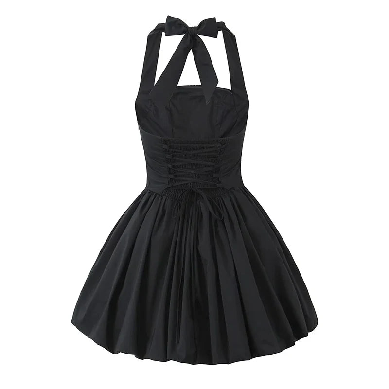 YENKYE Sexy Backless Pleated Hem Halter Ball Gown Dress Women Lace Up Back White Black Elegant Party Mini Dresses Summer Robe