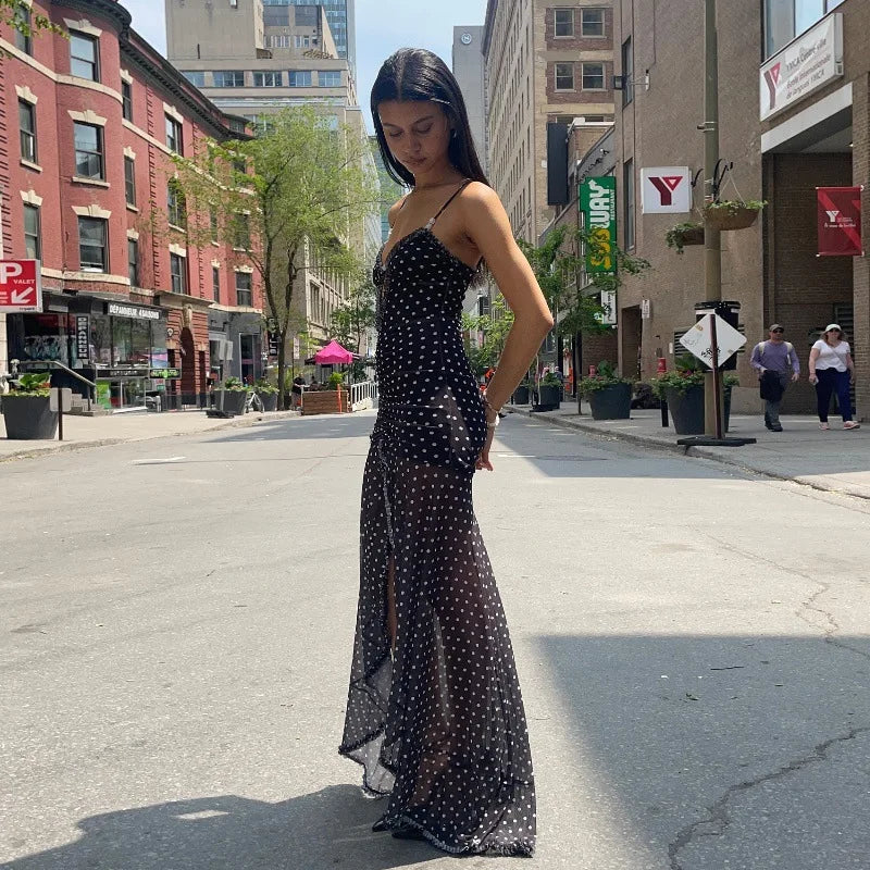 Cryptographic Summer Boho Polka Dot Split Ruched Dress Holiday Outfits for Women Sexy V Neck Backless Slip Mesh Dresses Clothes