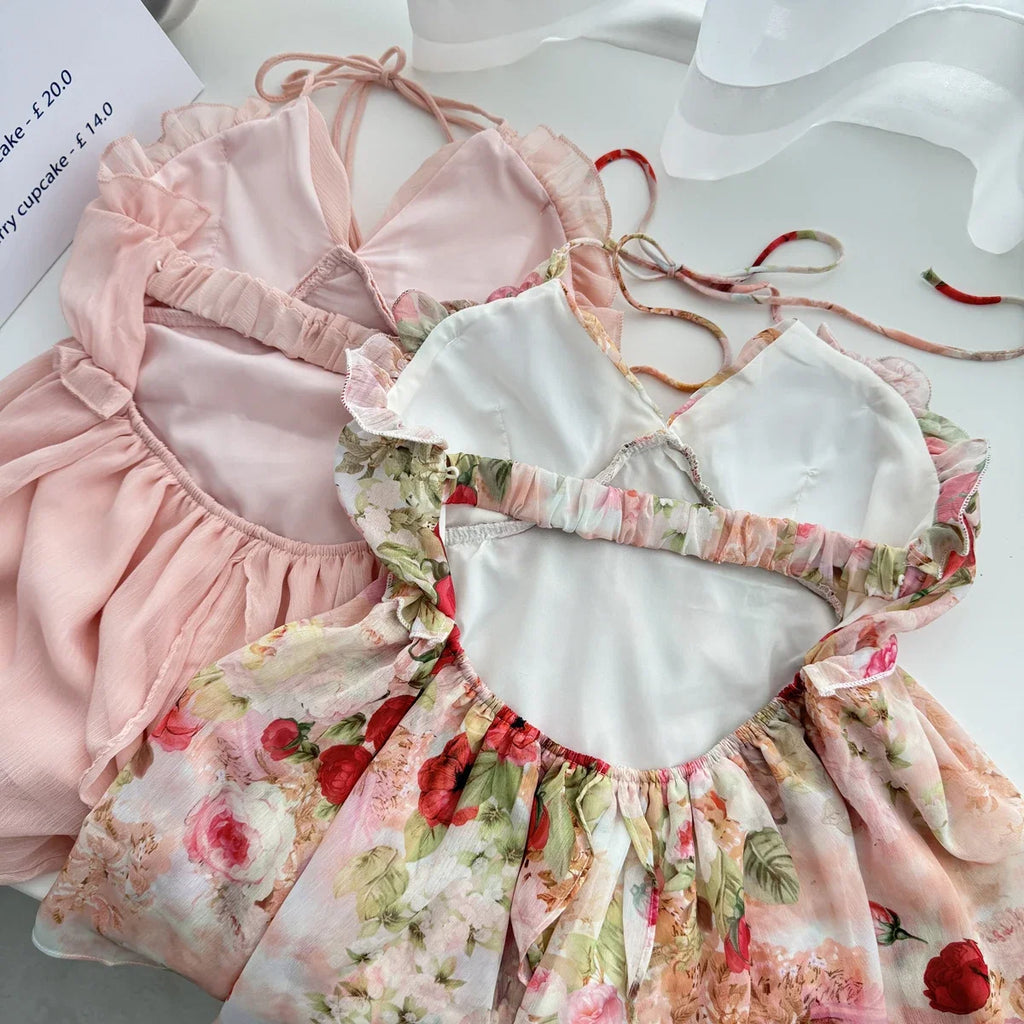 Summer French Vintage Mini Fairy Chiffon Floral Lantern Sleeve Dress Women Mori Romantic Frock Evening Court One-Piece Gyaru New