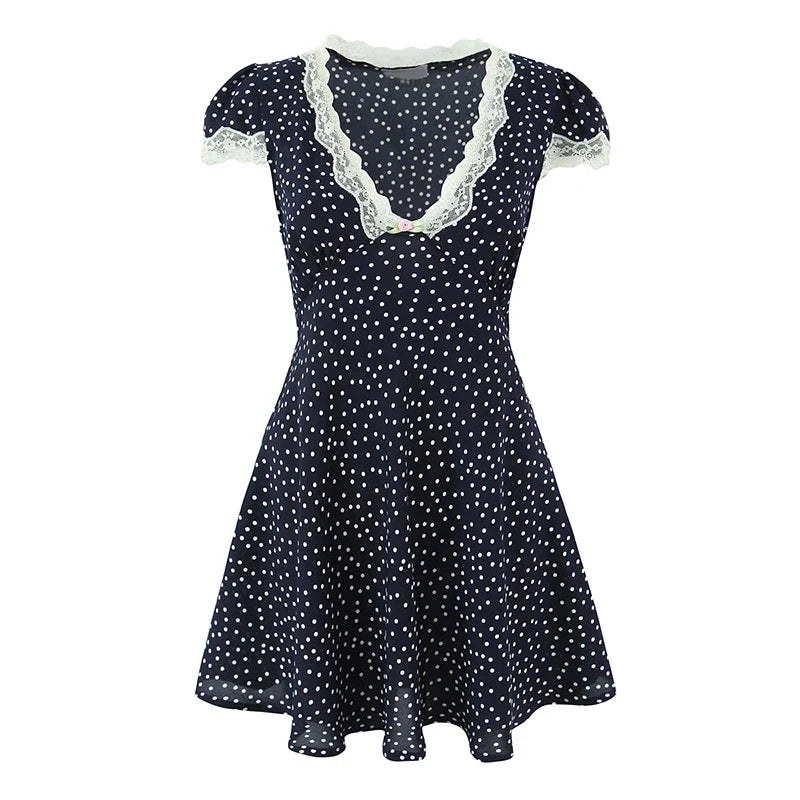 YENKYE 2026 New Women Navy Blue Polka Dot Mini Dress Lace Trim V-Neck Puff Sleeve A-line Summer Dresses Holiday Vestidos