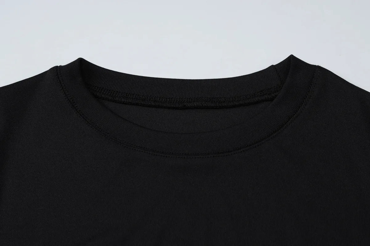 Cryptographic Round Neck Short Sleeve Sexy Bodycon Long Dress Summer Outfits for Women Casual Split Black Dresses Solid Clothes