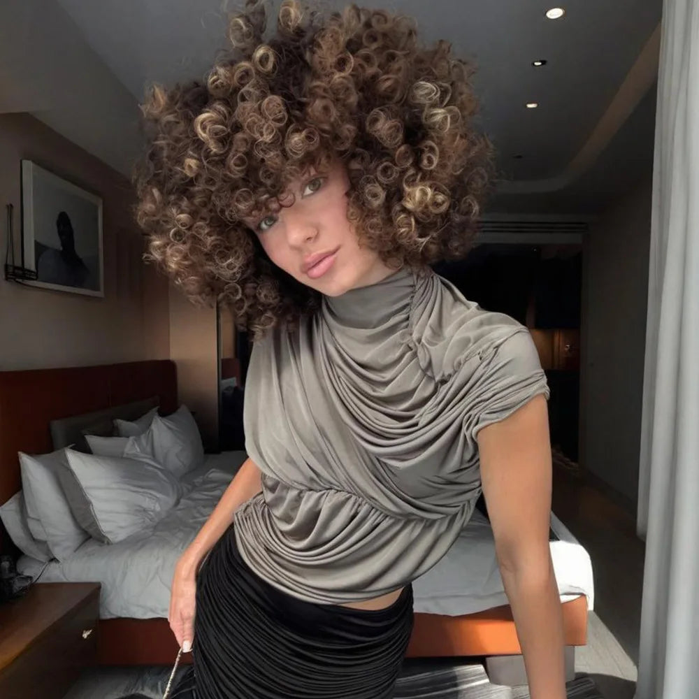 Cryptographic Fashion Ruched Asymmetrical Tops for Women Outfits Sexy Solid Sleeveless Chic Tops T-shirts Slim Summer Clothes