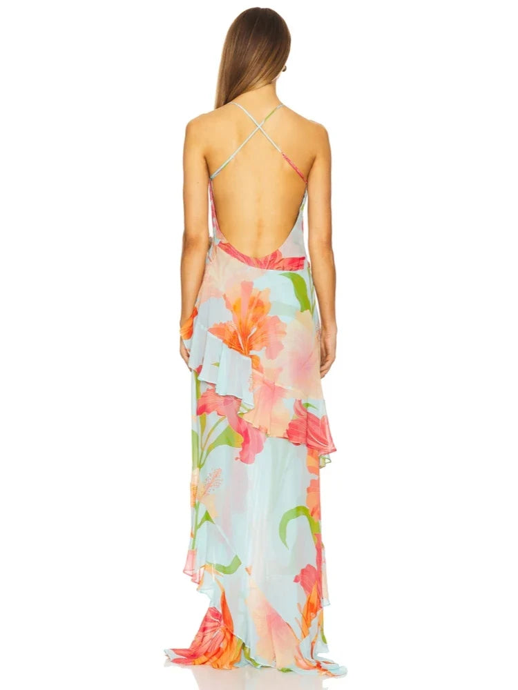 Summer Sexy Spaghetti Strap Printed Ruffles Long Dress Women Pink Sleeveless Backless Flower Dresses Holiday Party Sundress