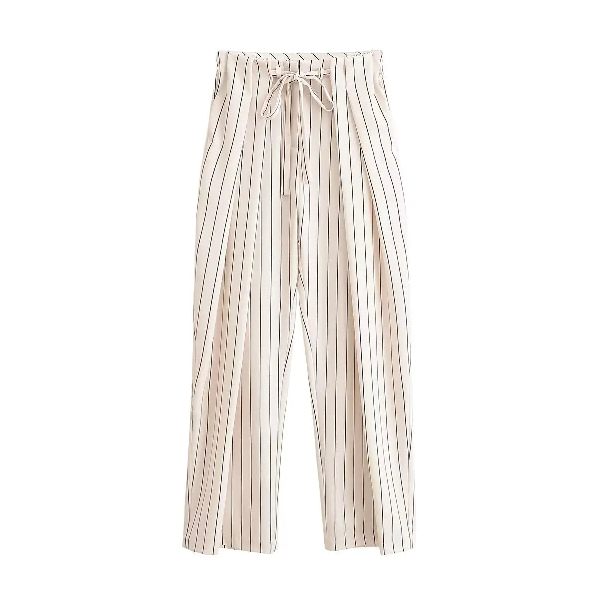 YENKYE 2026 Women Vertical Striped Wide Leg Pants Drawstring Waist Pleated Trousers Casual Loose Fit Pants