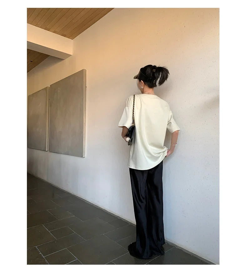 Satin Wide Leg Pants Long Floor Casual Pants Women's Summer